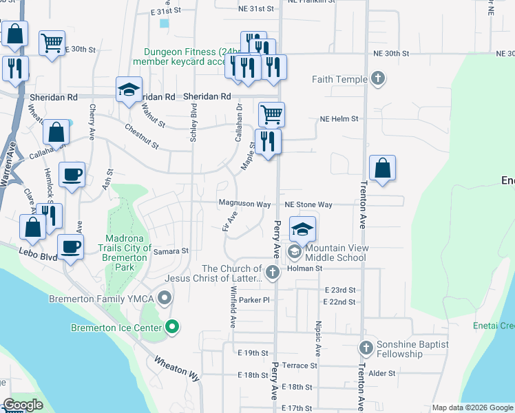 map of restaurants, bars, coffee shops, grocery stores, and more near 2509 Fir Avenue in Bremerton