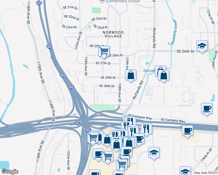 map of restaurants, bars, coffee shops, grocery stores, and more near 3017 127th Place Southeast in Bellevue
