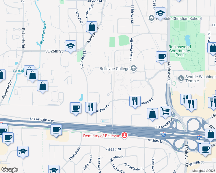 map of restaurants, bars, coffee shops, grocery stores, and more near 2956 142nd Place Southeast in Bellevue
