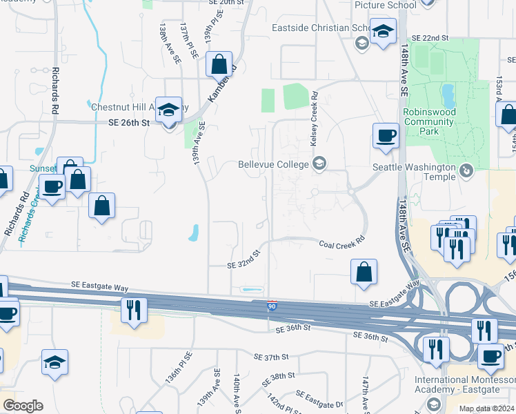 map of restaurants, bars, coffee shops, grocery stores, and more near 2957 142nd Place Southeast in Bellevue