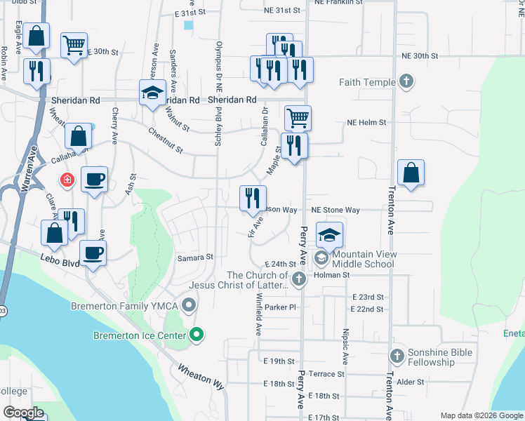 map of restaurants, bars, coffee shops, grocery stores, and more near 2005 Magnuson Way in Bremerton