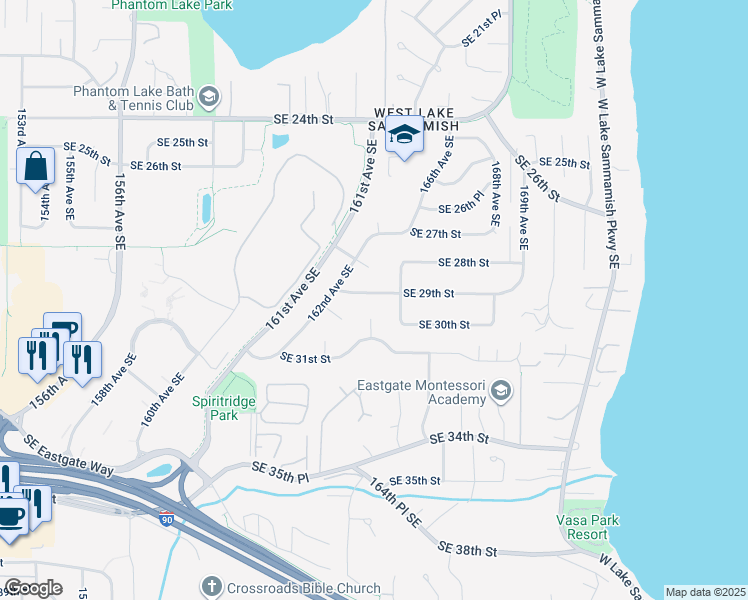 map of restaurants, bars, coffee shops, grocery stores, and more near 16241 Southeast 29th Street in Bellevue