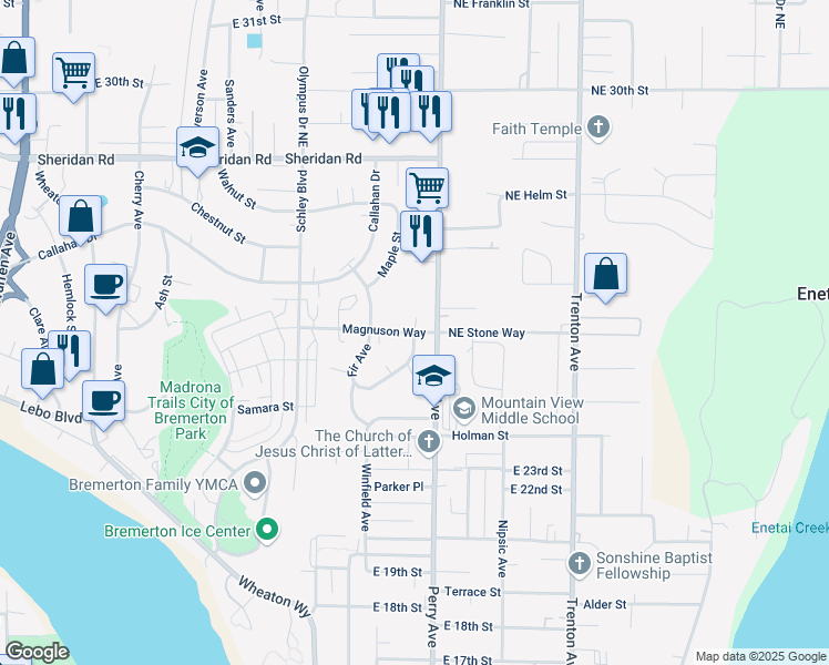 map of restaurants, bars, coffee shops, grocery stores, and more near Magnuson Way & Fir Ave in Bremerton