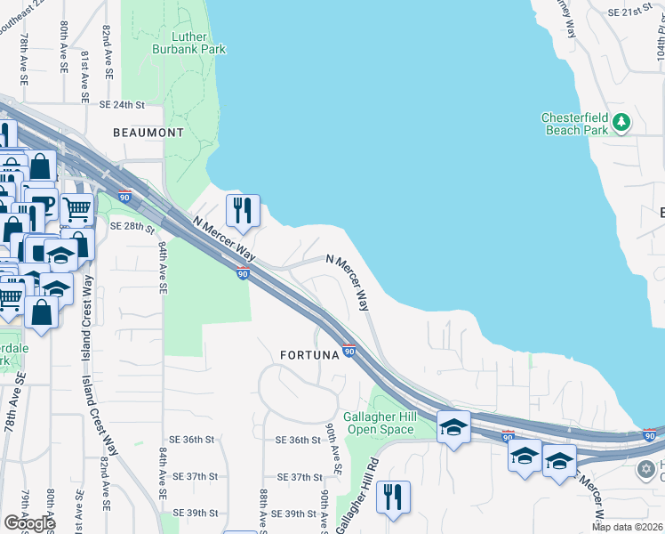 map of restaurants, bars, coffee shops, grocery stores, and more near 3026 90th Place Southeast in Mercer Island