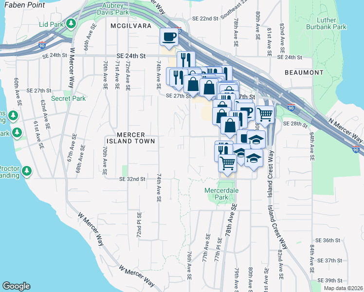map of restaurants, bars, coffee shops, grocery stores, and more near 2929 76th Avenue Southeast in Mercer Island