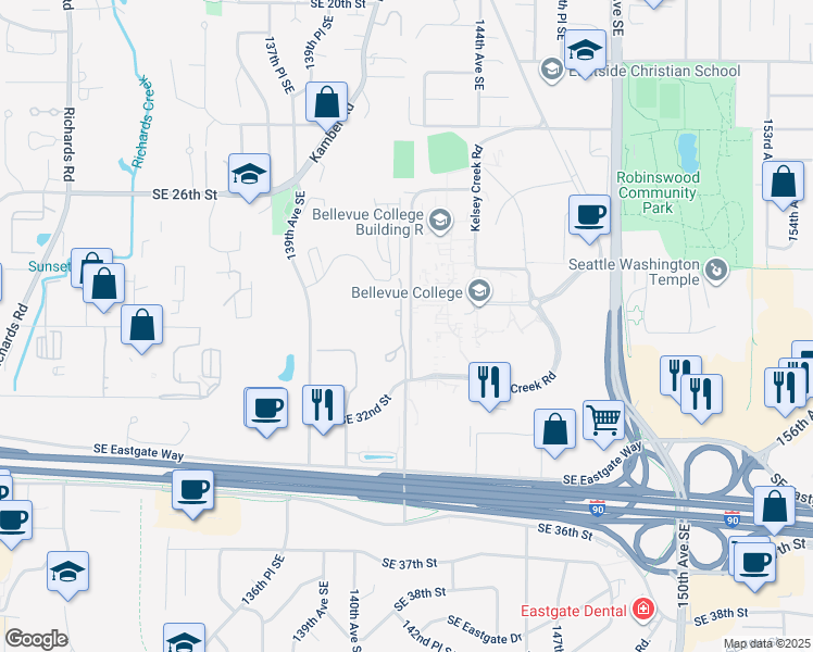 map of restaurants, bars, coffee shops, grocery stores, and more near 2957 142nd Place Southeast in Bellevue