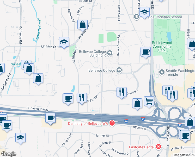 map of restaurants, bars, coffee shops, grocery stores, and more near 2957 142nd Place Southeast in Bellevue