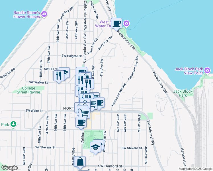 map of restaurants, bars, coffee shops, grocery stores, and more near 2126 41st Avenue Southwest in Seattle