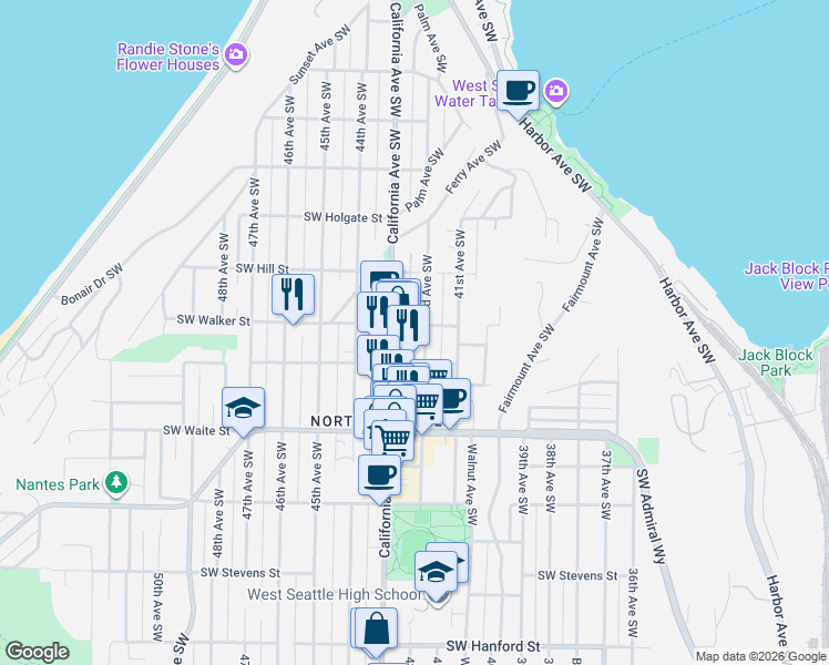 map of restaurants, bars, coffee shops, grocery stores, and more near 2124 42nd Avenue Southwest in Seattle