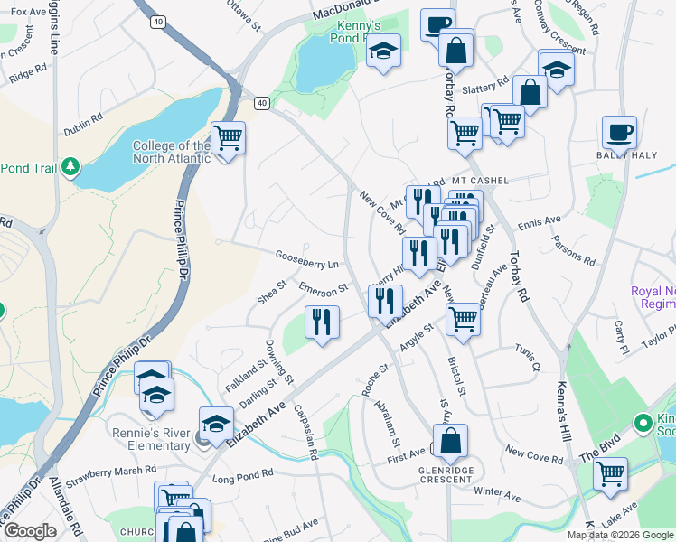 map of restaurants, bars, coffee shops, grocery stores, and more near 1 Gooseberry Lane in St. John's