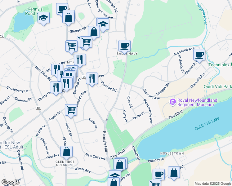 map of restaurants, bars, coffee shops, grocery stores, and more near 3 Parsons Road in St. John's