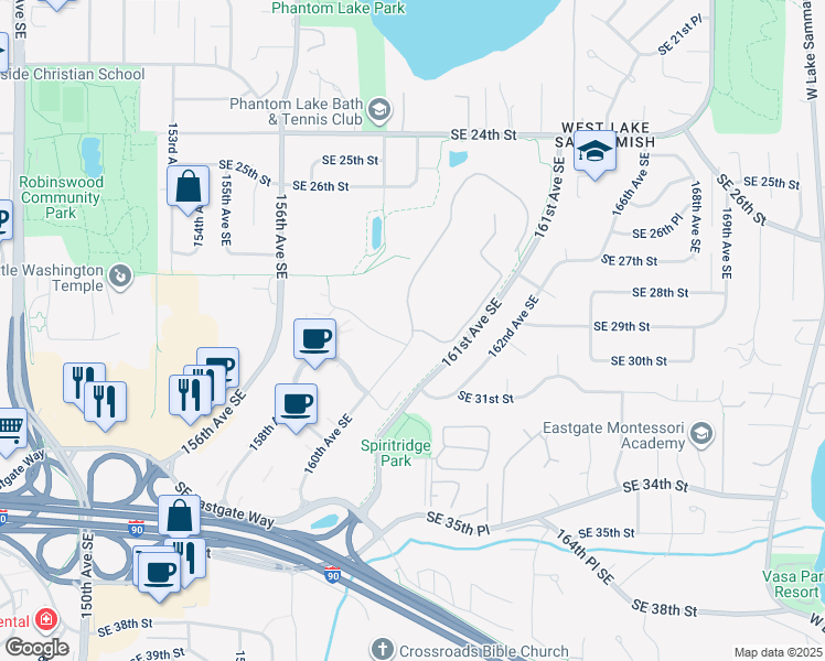 map of restaurants, bars, coffee shops, grocery stores, and more near 2810 160th Avenue Southeast in Bellevue