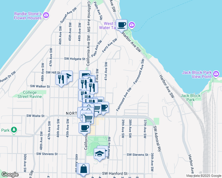 map of restaurants, bars, coffee shops, grocery stores, and more near 2126 41st Avenue Southwest in Seattle