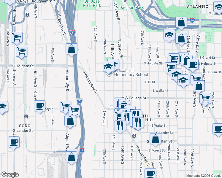 map of restaurants, bars, coffee shops, grocery stores, and more near in Seattle