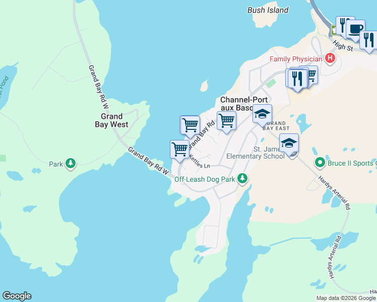 map of restaurants, bars, coffee shops, grocery stores, and more near 105 Grand Bay Road in Channel-Port aux Basques