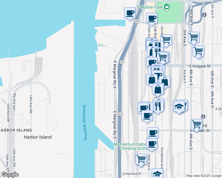 map of restaurants, bars, coffee shops, grocery stores, and more near in Seattle