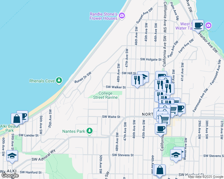 map of restaurants, bars, coffee shops, grocery stores, and more near 2130 49th Avenue Southwest in Seattle