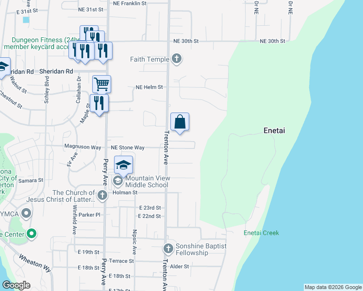 map of restaurants, bars, coffee shops, grocery stores, and more near 2822 Northeast Center Street in Bremerton