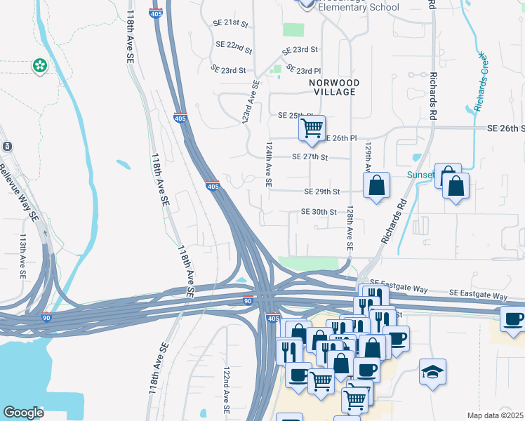 map of restaurants, bars, coffee shops, grocery stores, and more near 12106 Southeast 31st Street in Bellevue