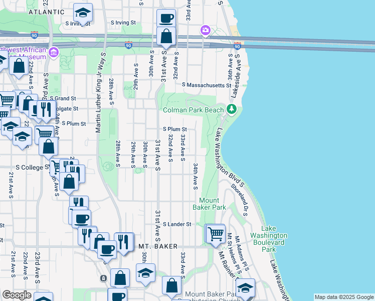 map of restaurants, bars, coffee shops, grocery stores, and more near 2020 33rd Avenue South in Seattle