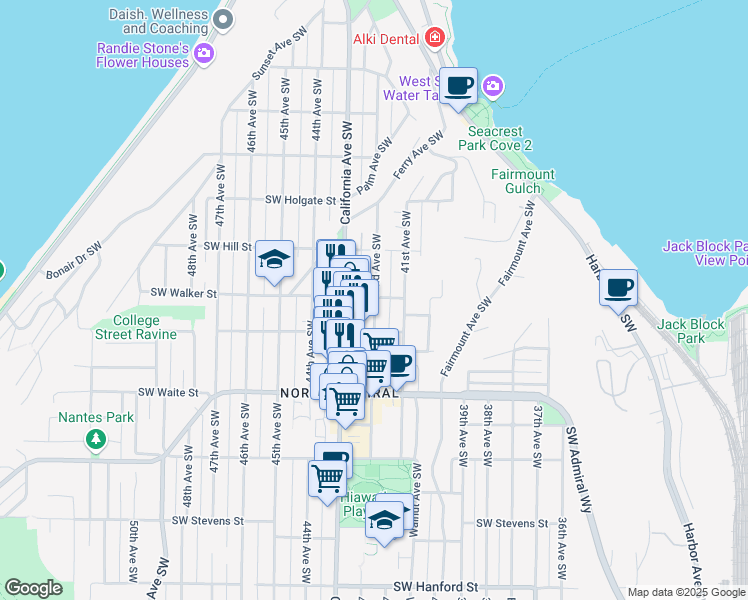map of restaurants, bars, coffee shops, grocery stores, and more near 2124 42nd Avenue Southwest in Seattle