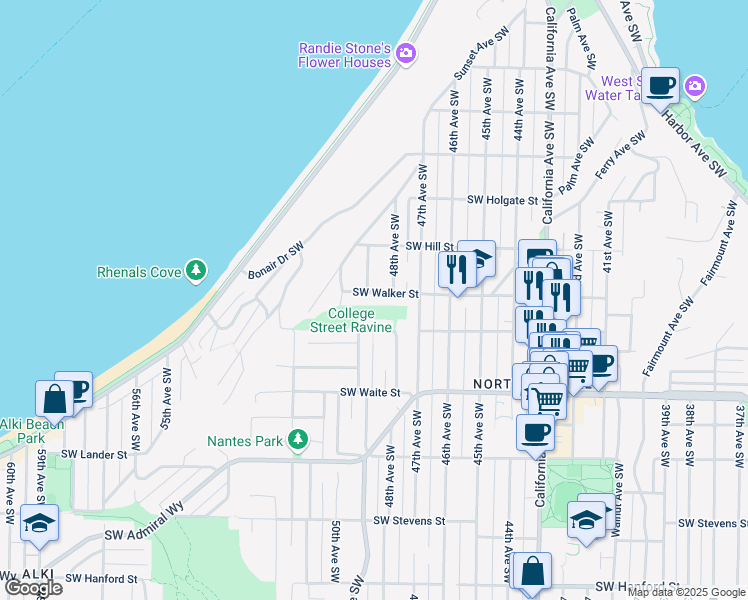 map of restaurants, bars, coffee shops, grocery stores, and more near 2130 49th Avenue Southwest in Seattle