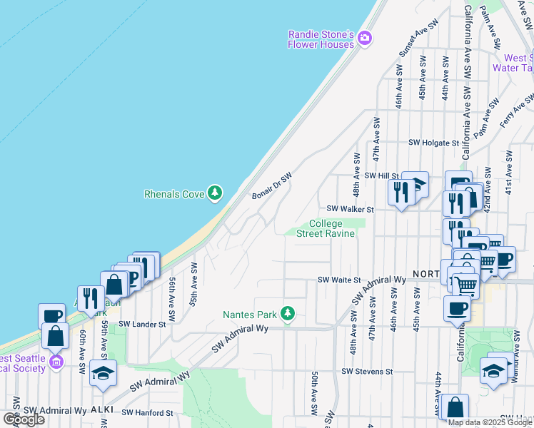 map of restaurants, bars, coffee shops, grocery stores, and more near 2134 Bonair Drive Southwest in Seattle