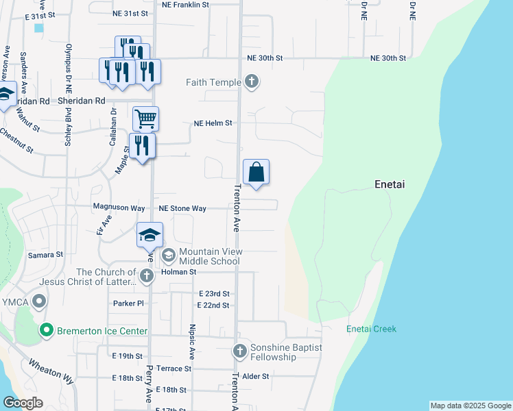 map of restaurants, bars, coffee shops, grocery stores, and more near 2822 Northeast Center Street in Bremerton