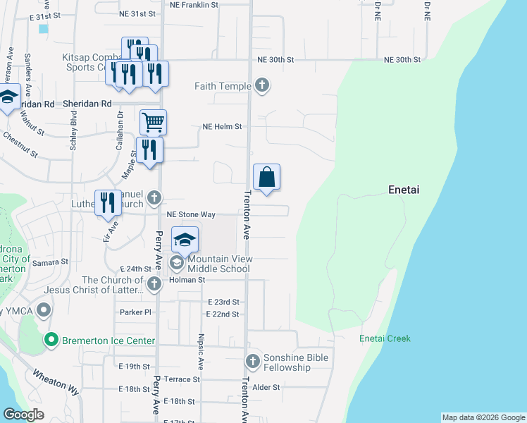 map of restaurants, bars, coffee shops, grocery stores, and more near 2822 Northeast Center Street in Bremerton