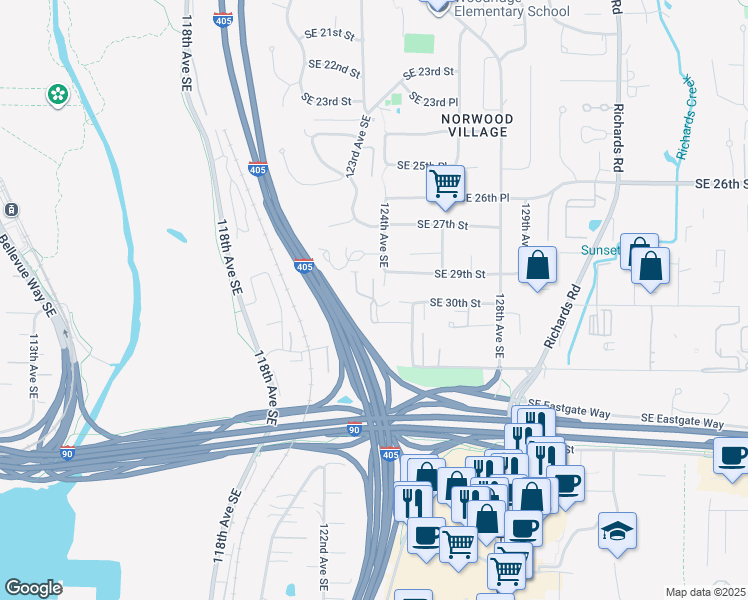 map of restaurants, bars, coffee shops, grocery stores, and more near 12106 Southeast 31st Street in Bellevue