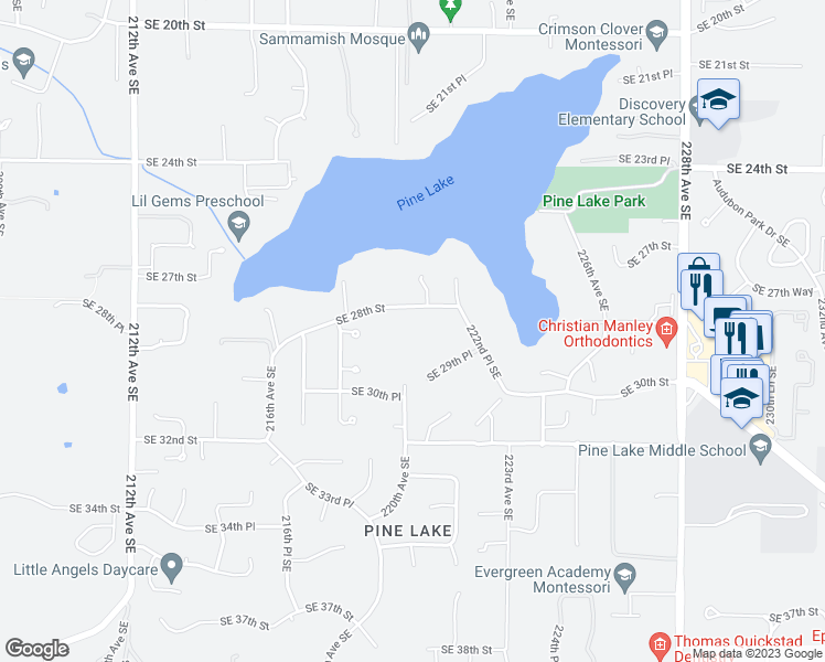 map of restaurants, bars, coffee shops, grocery stores, and more near 22005 Southeast 28th Street in Issaquah