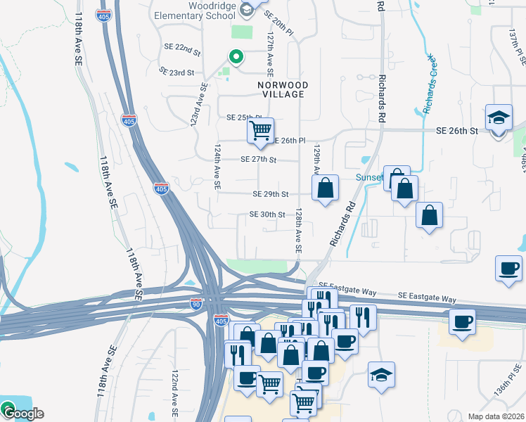 map of restaurants, bars, coffee shops, grocery stores, and more near 12461 Southeast 29th Street in Bellevue