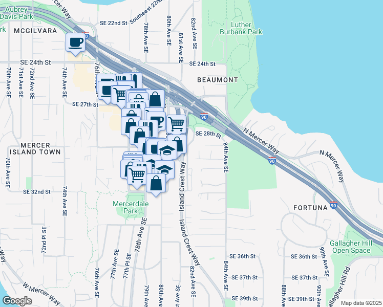 map of restaurants, bars, coffee shops, grocery stores, and more near 929 82nd Avenue Southeast in Mercer Island