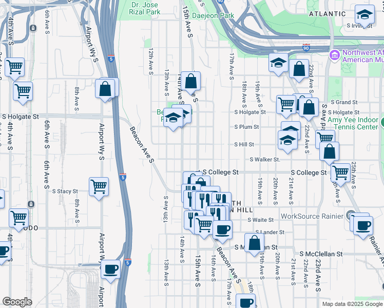 map of restaurants, bars, coffee shops, grocery stores, and more near in Seattle