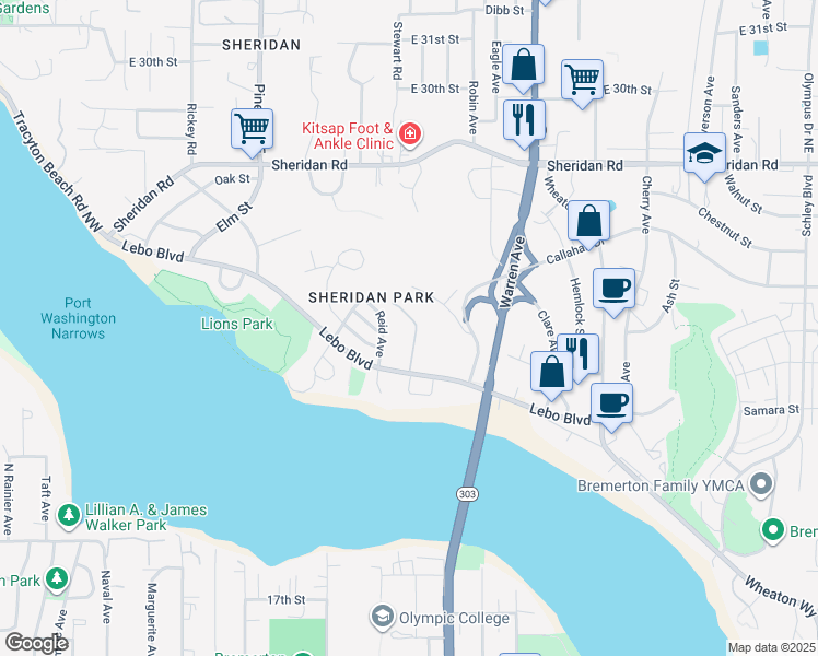 map of restaurants, bars, coffee shops, grocery stores, and more near 517 Juniper Street in Bremerton
