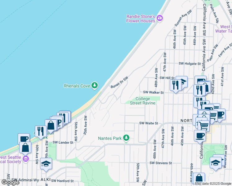 map of restaurants, bars, coffee shops, grocery stores, and more near 2134 Bonair Drive Southwest in Seattle