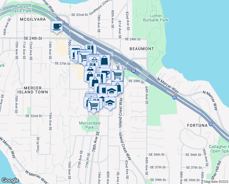 map of restaurants, bars, coffee shops, grocery stores, and more near 2827 80th Avenue Southeast in Mercer Island
