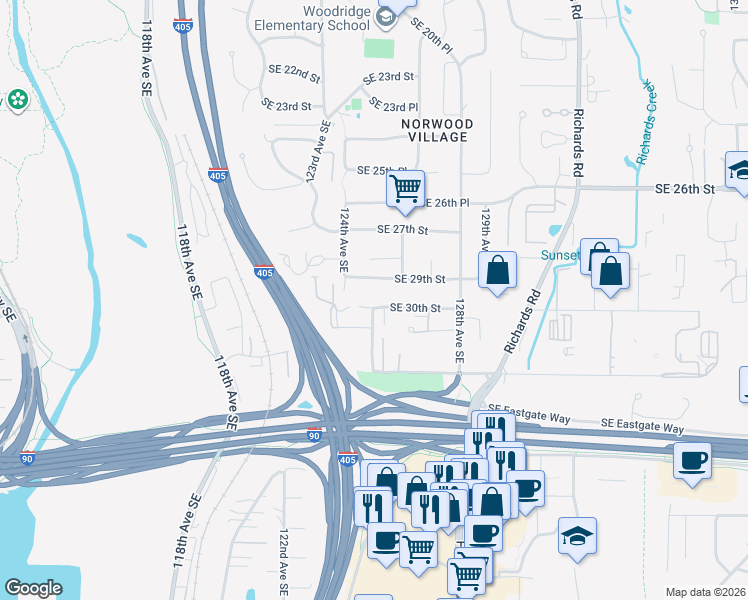 map of restaurants, bars, coffee shops, grocery stores, and more near 12434 Southeast 30th Street in Bellevue