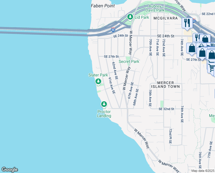 map of restaurants, bars, coffee shops, grocery stores, and more near 6006 Southeast 30th Street in Mercer Island