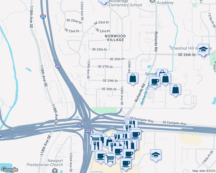 map of restaurants, bars, coffee shops, grocery stores, and more near 12461 Southeast 29th Street in Bellevue