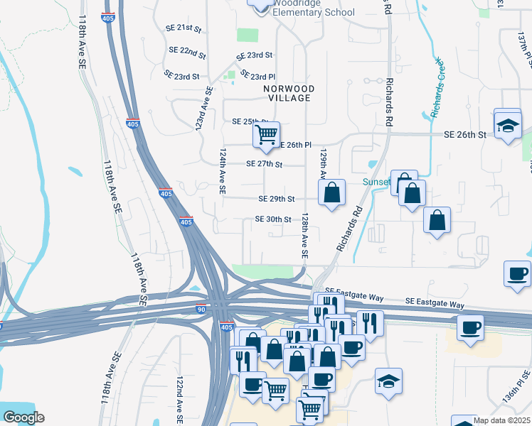 map of restaurants, bars, coffee shops, grocery stores, and more near 12461 Southeast 29th Street in Bellevue