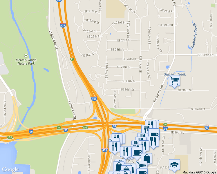 map of restaurants, bars, coffee shops, grocery stores, and more near 12419 Southeast 29th Street in Bellevue