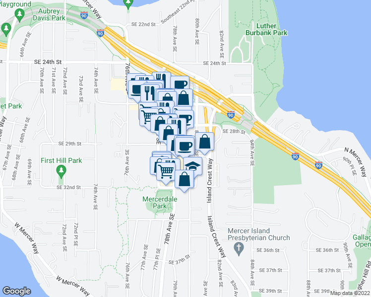 map of restaurants, bars, coffee shops, grocery stores, and more near 2827 80th Avenue Southeast in Mercer Island
