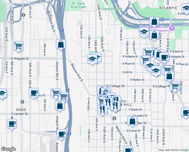map of restaurants, bars, coffee shops, grocery stores, and more near in Seattle