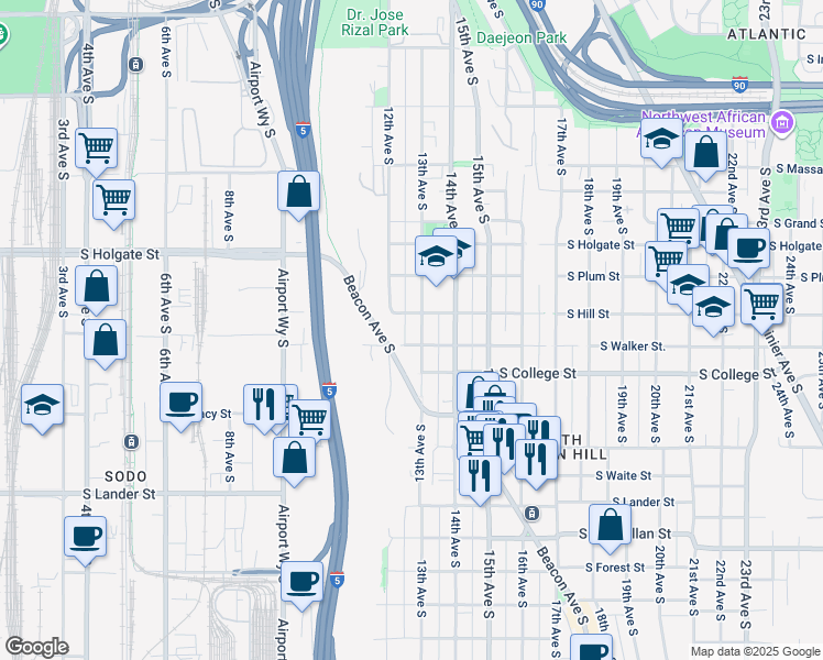 map of restaurants, bars, coffee shops, grocery stores, and more near 1301 South Hill Street in Seattle