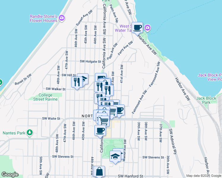 map of restaurants, bars, coffee shops, grocery stores, and more near 2124 42nd Avenue Southwest in Seattle