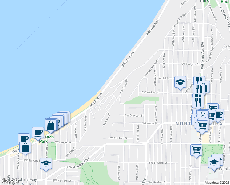 map of restaurants, bars, coffee shops, grocery stores, and more near 2134 Bonair Drive Southwest in Seattle