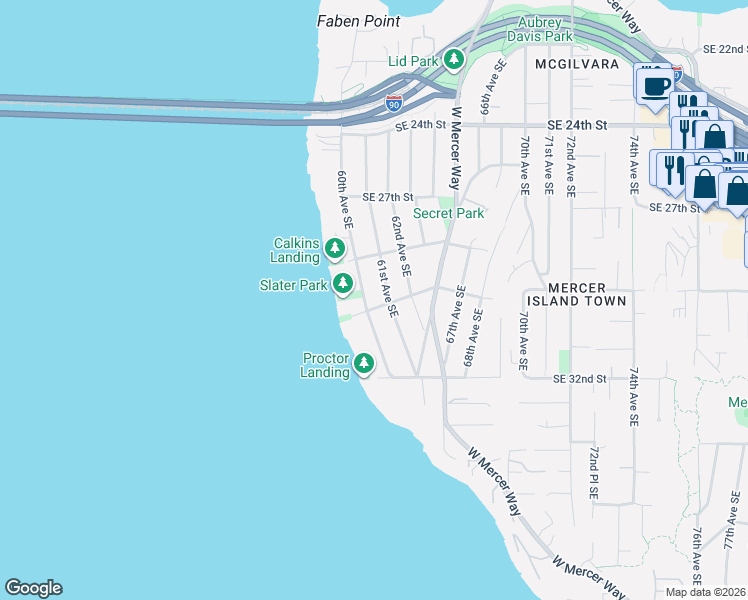 map of restaurants, bars, coffee shops, grocery stores, and more near 6006 Southeast 30th Street in Mercer Island