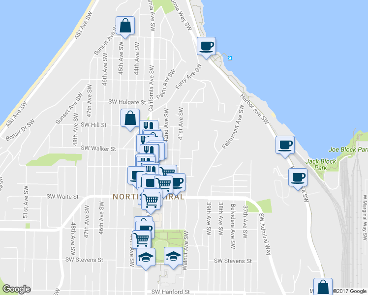 map of restaurants, bars, coffee shops, grocery stores, and more near 2138 41st Avenue Southwest in Seattle