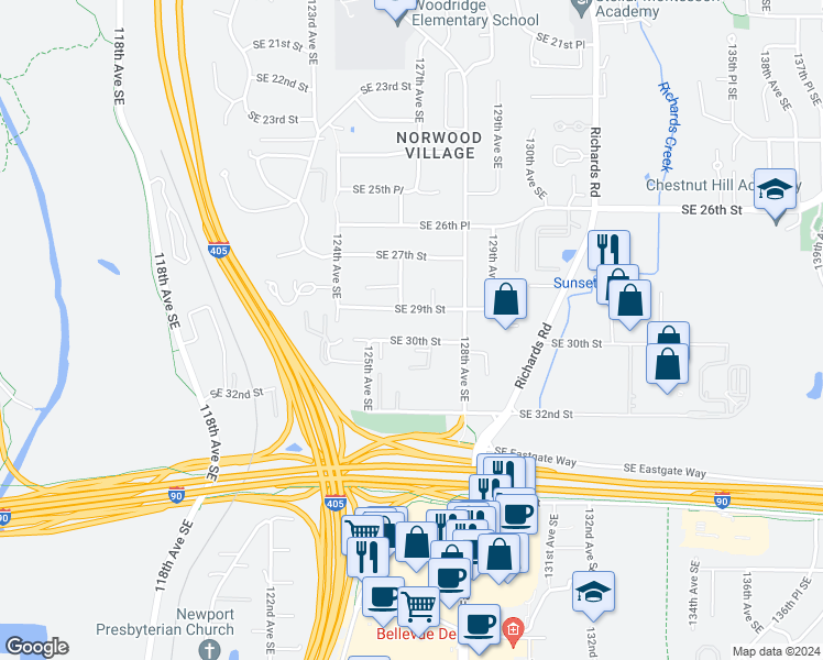 map of restaurants, bars, coffee shops, grocery stores, and more near 12610 Southeast 30th Street in Bellevue